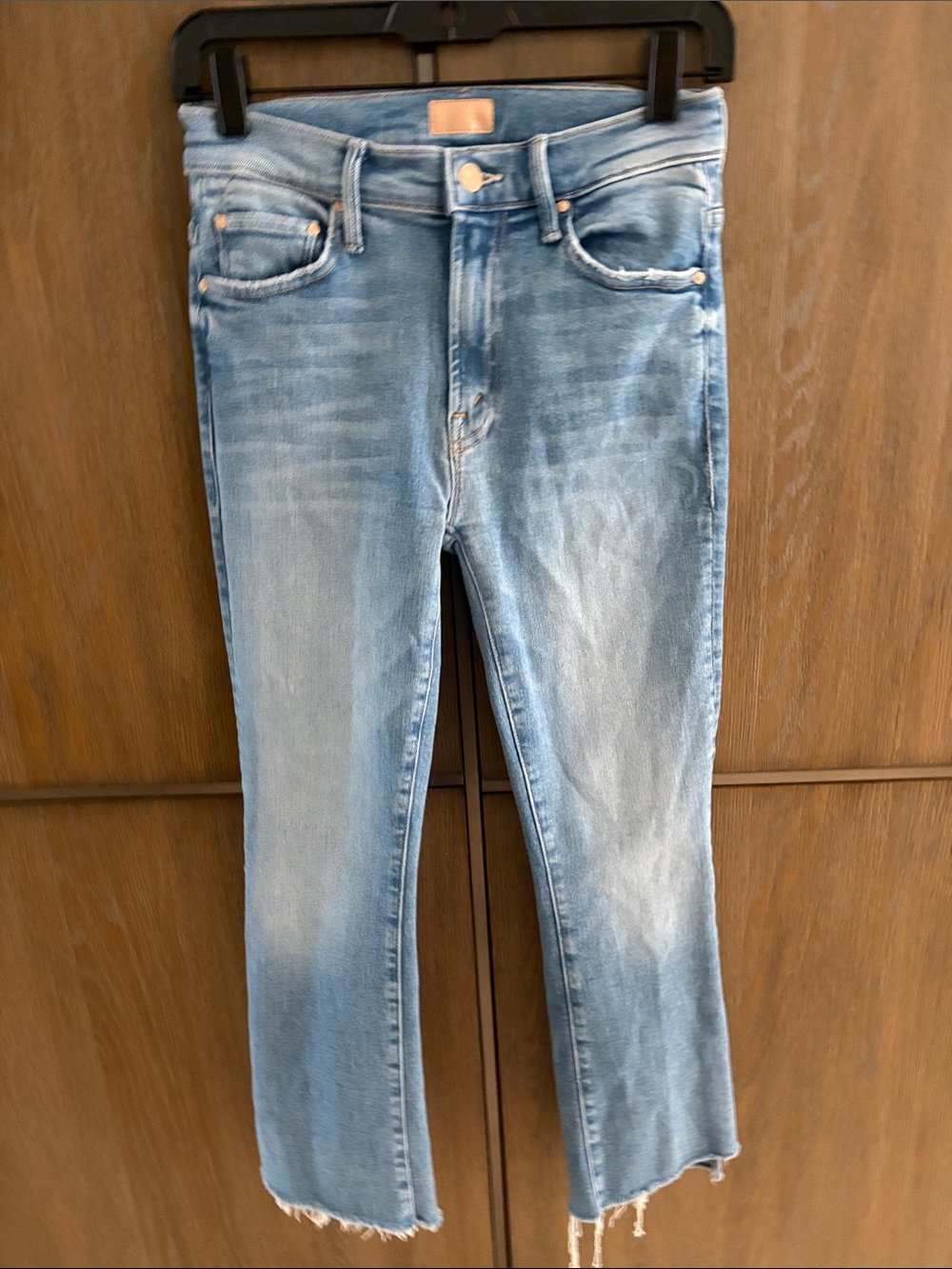 MOTHER Light Blue Denim Jeans with Tan Leather Patch
